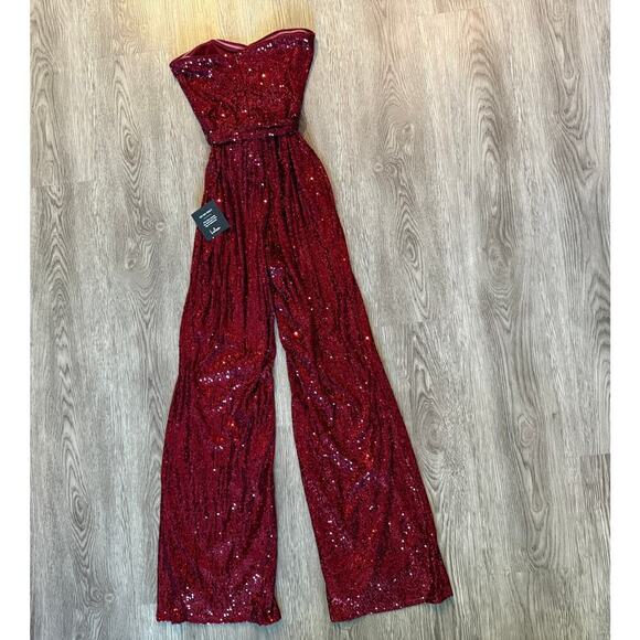Lulus Flirty Moves Wine Red Sequin Strapless Wide-Leg Jumpsuit S - Picture 3 of 9